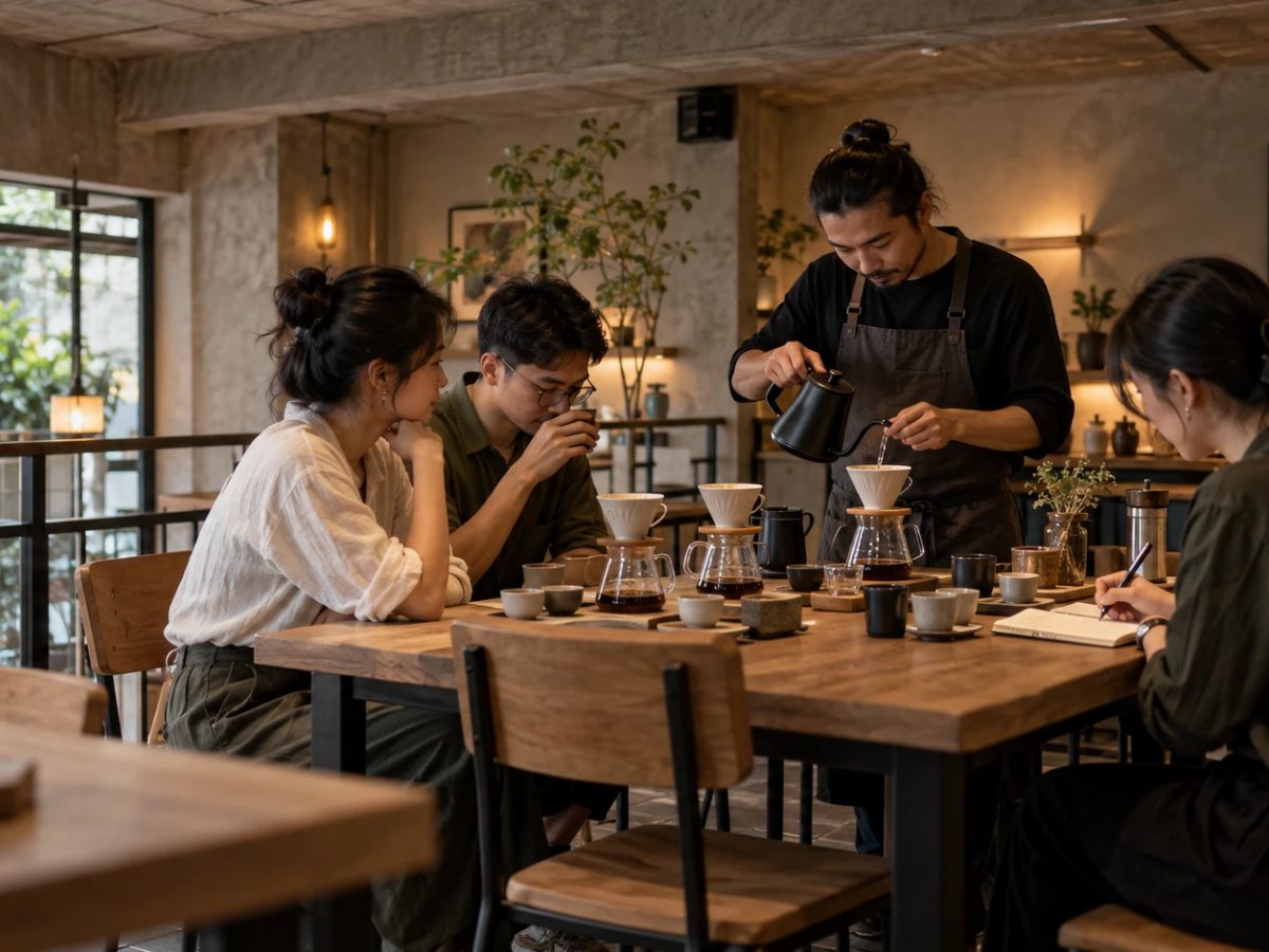 Người hướng dẫn pha cà phê pour-over cho nhóm khách quanh bàn gỗ